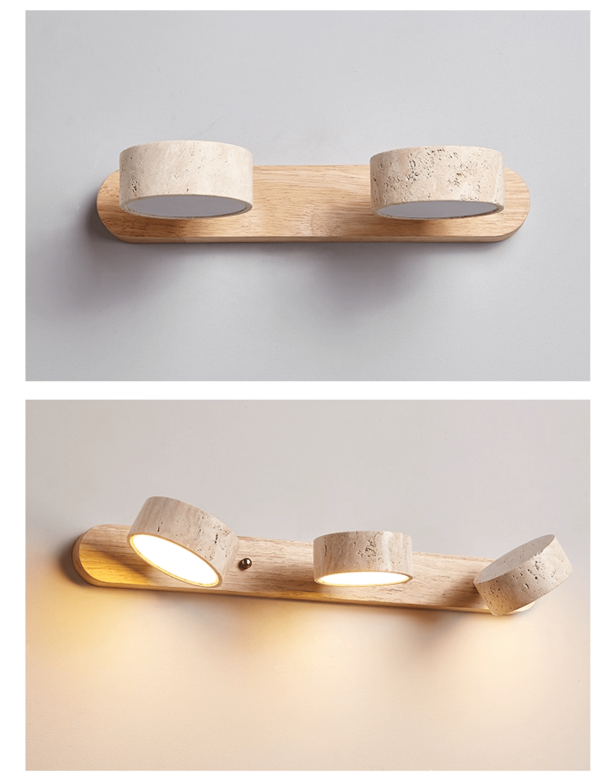 Kira – Wandleuchte aus Holz und Travertin