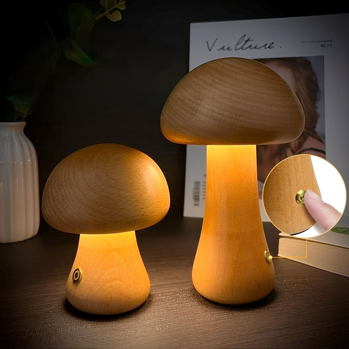 Grace – LED-Nachttischlampe in Pilzform aus Holz